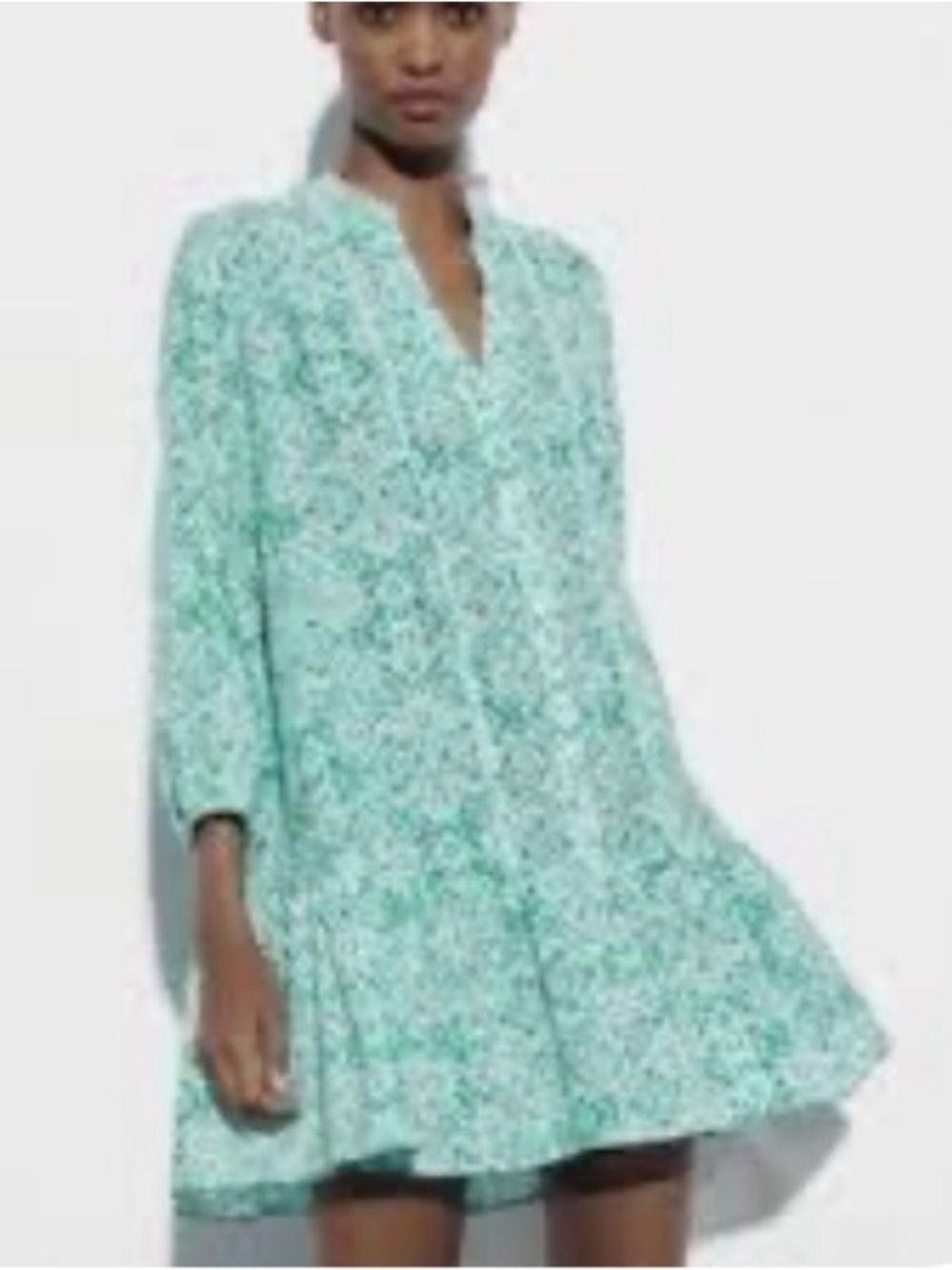 Zara Green White Floral Print
Mini Tunic Dress Sz XL 3/4
Sleeves Button Front